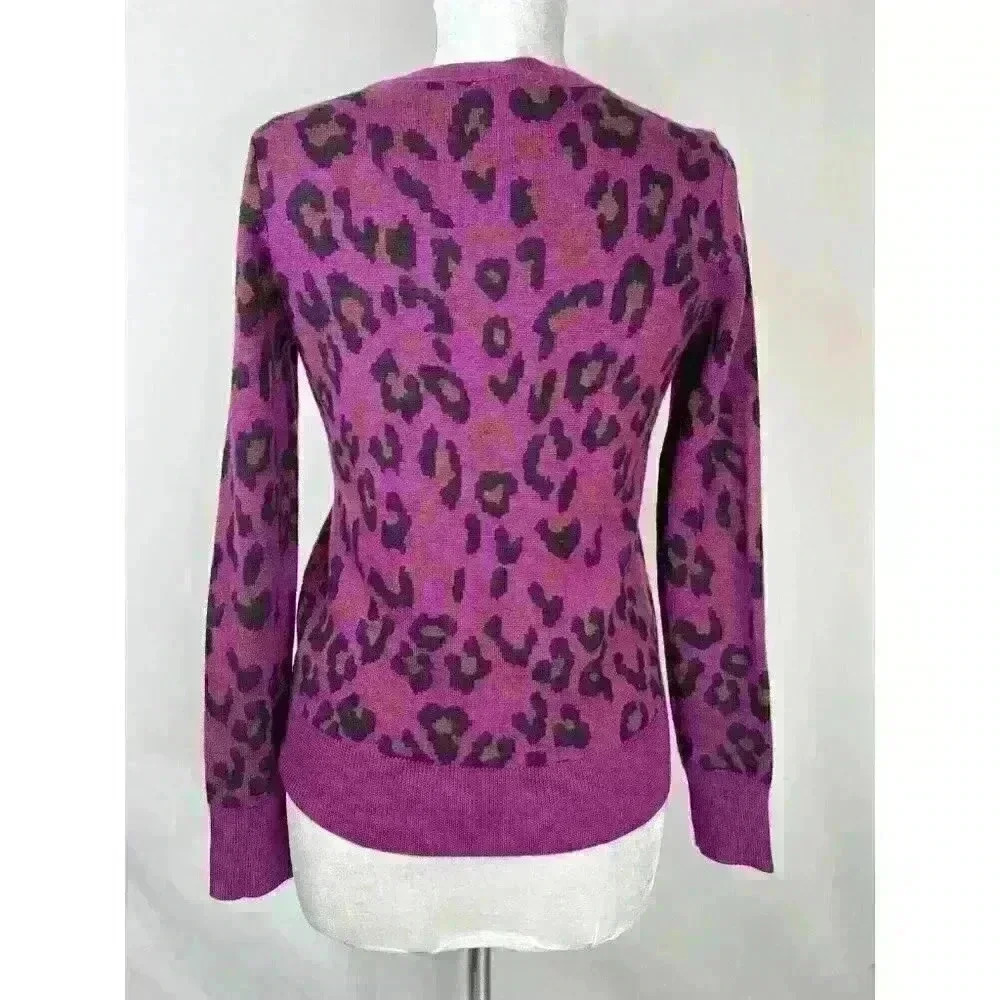 Halogen Women's Leopard Print 100% Marino Wool Pullover Sweater Size S Fuscia - Picture 3 of 5